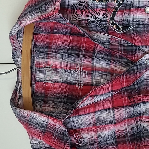 Wrangler Small Women's red black grey western plaid shirt lace frayed seams - Picture 2 of 8